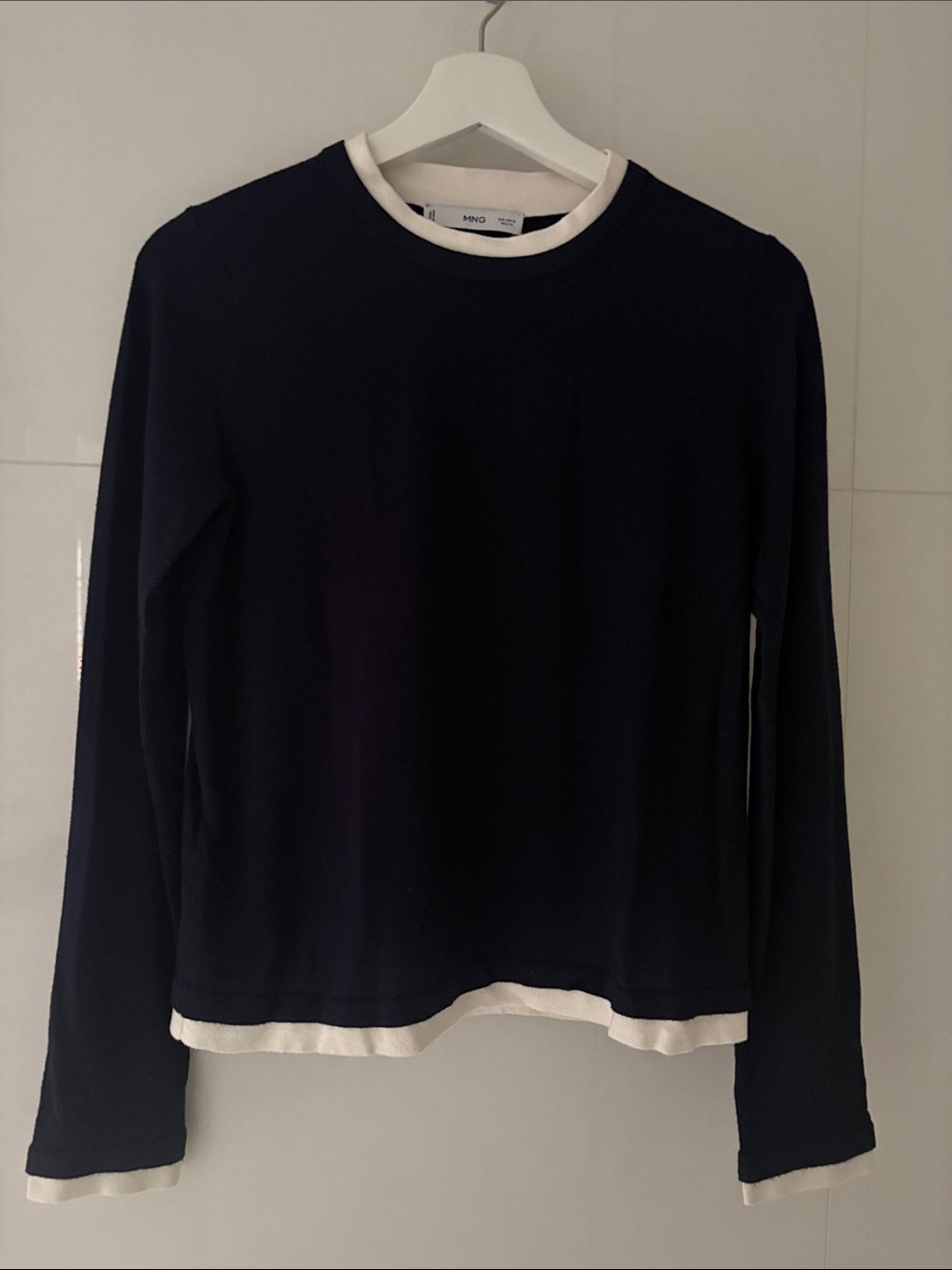 Mango Navy Long-Sleeve Crewneck Knit Top with Ivory Trim
Medium